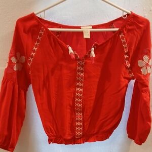 Girl 7/8 Forever 21 Red Floral Embroidered Blouse